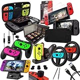 Orzly Switch Accessories Bundle Geek Pack for Nintendo Switch: Case & Screen Protector, Joycon Grips & Racing Wheels, Switch Tablet & Controller Charge Docks & More [15in1] Black